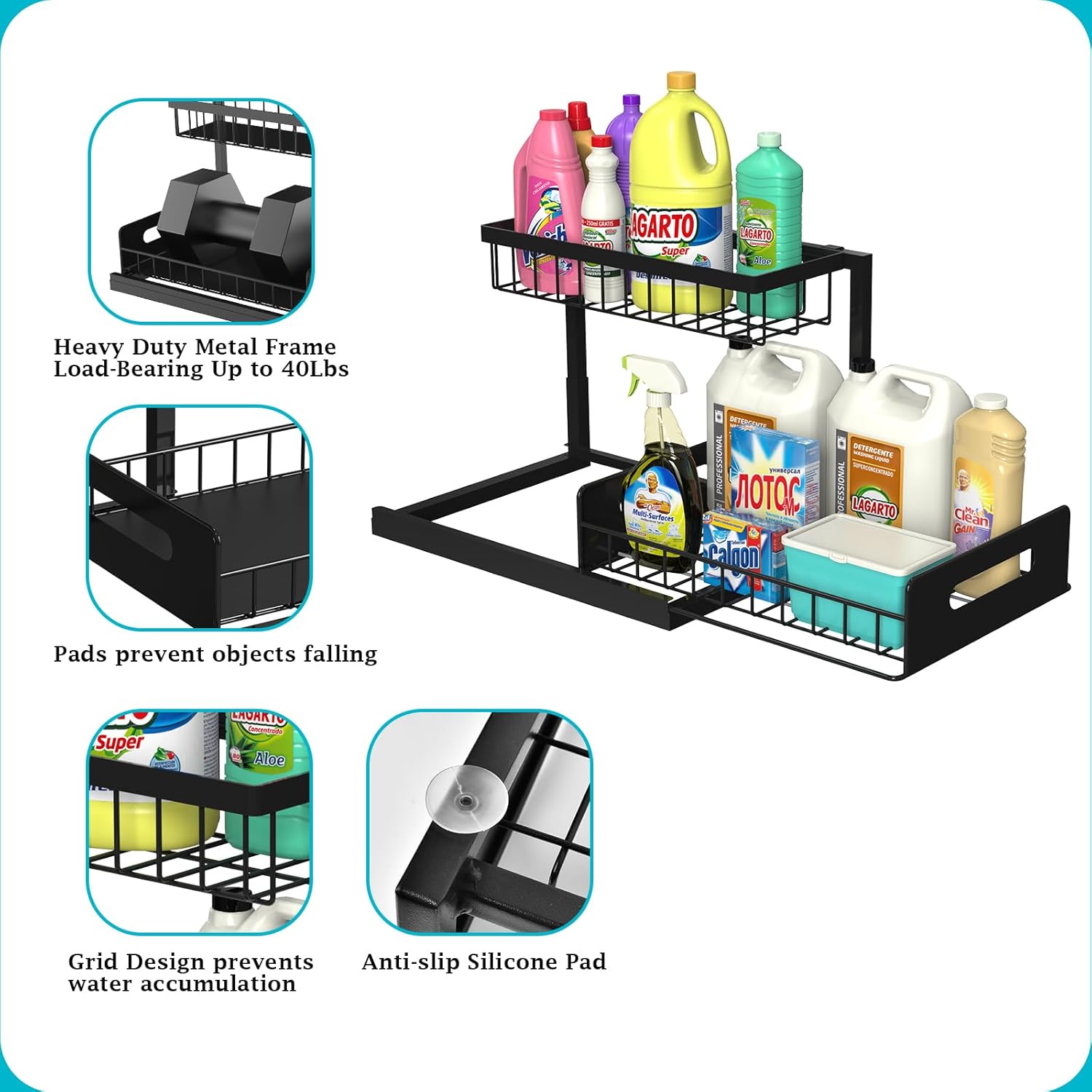 Under-Sink Organizer - Expandable Black Shelf Unit